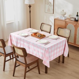 WAITER TREE Rectangle Checkered Tablecloth Water Resistant Spillproof and Washable Gingham Table Cloth for Dining Camping Picnic Outdoor Parties (Pink and White, 140 x 240cm)