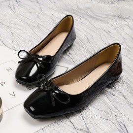 Dear Time Women's Casual Foldable Ballet Flats Square Toe Ballerina Flats Shoes Comfortable Black Patent Leather Size 5