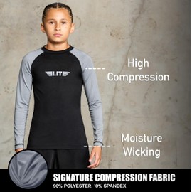 Elite Sports Rash Guards for Boys and Girls, Full Sleeve Compression BJJ Kids and Youth Rash Guard Grey
