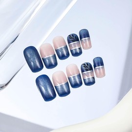 RUOKEXIN Blue Press on Nails Medium Fake Nails Square False Nails with Designs Sparkly Artificial Nails Full Cover Glue on Nails Cute Stick on Nails for Women 24Pcs
