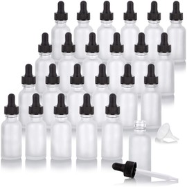 JUVITUS 1 oz Frosted Clear Glass Boston Round Bottle with Black Dropper (24 pack) + Funnel