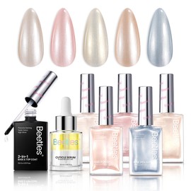 Beetles Pearl Nail Polish Set 7Pcs, Nude Mermaid Pink Frosty Blue Shimmer Beige Quick-drying Nail Polish Kit, with 2 IN 1 Base & Top Coat and Cuticle Serum 20ml All-in-One Care Nails Gift for women