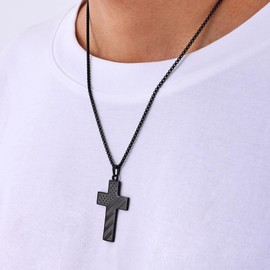Fiusem Cross Necklace for Men, Black Mens Cross Necklaces with 2.5mm Box Chain, Stainless Steel American Flag Pendant with 16 Inch Chain, JOSHUA 1:9