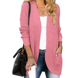 ZESICA Women's Fall Winter Long Sleeve Open Front Casual Lightweight Soft Knit Cardigan Sweater Outerwear,DarkPink,Medium