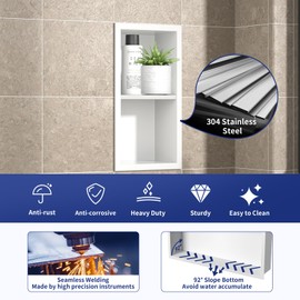 Bernkot Shower Niche, 304 Stainless Steel Shower Stool for Bathroom, Recessed Shower Footrest w/Over Mount Installation, No Tile Needed (Matte White, 12.3''x6'')