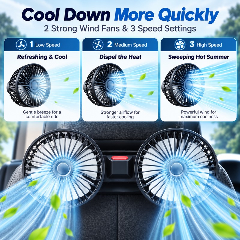 Dual Head Car Fan for Rear Seat Cooling – 3-Speed