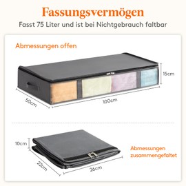 Lifewit 75L Underbed Storage Bins, 3 Pack, Foldable Clothes Storage Bags with Clear Front Window, Wardrobe Organiser and Storage for Towels, Clothes, Blankets, Grey