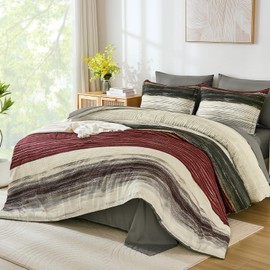 WONGS BEDDING Red Queen Size Comforter Set, 7 Pieces Striped Bed in a Bag Comforter and Sheet Set, Boho Lightweight Microfiber Queen Bedding Set for All Season (90" x 90")