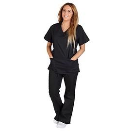 M&M Scrubs Women Mock Wrap/Flare Pant Set Medical Scrub Set XS Black