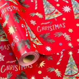 MIMUTI Christmas Wrapping Paper- Red Wrapping paper Mini Roll - Red Gift Foil Christmas Wrapping paper, Classic Christmas Holiday Tree Printed Design for Holidays,Winter Solstice Presents - 17 in x 33 ft