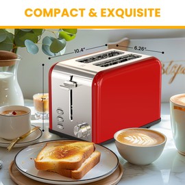 Simple Deluxe 2-Slice Toaster, 6 Browning Setting and 3 Function Stainless Steel Toaster, Extra Wide Slot & Removable Crumb Tray, for Bread & Waffle, Red
