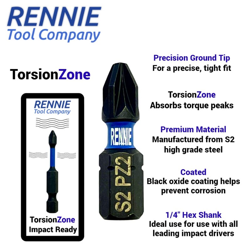 20 x Rennie Tools 25mm PZ2 Impact Screwdriver Driver Bits