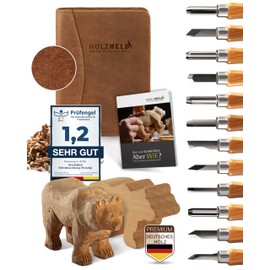 HOLZHELD Carving tool and carving blank (17 pieces) in very elegant leather case. Includes instructions for carving and large wooden blank made of lime wood.