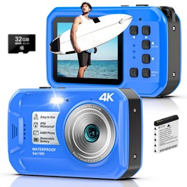 Underwater Camera 2.7K 56MP Waterproof Camera Autofocus with 32GB Card, 16FT Waterproof Digital Camera with 2.7" Screen for Kids, 16X Fill Light Portable Compact Digital Camera for Snorkeling,Blue