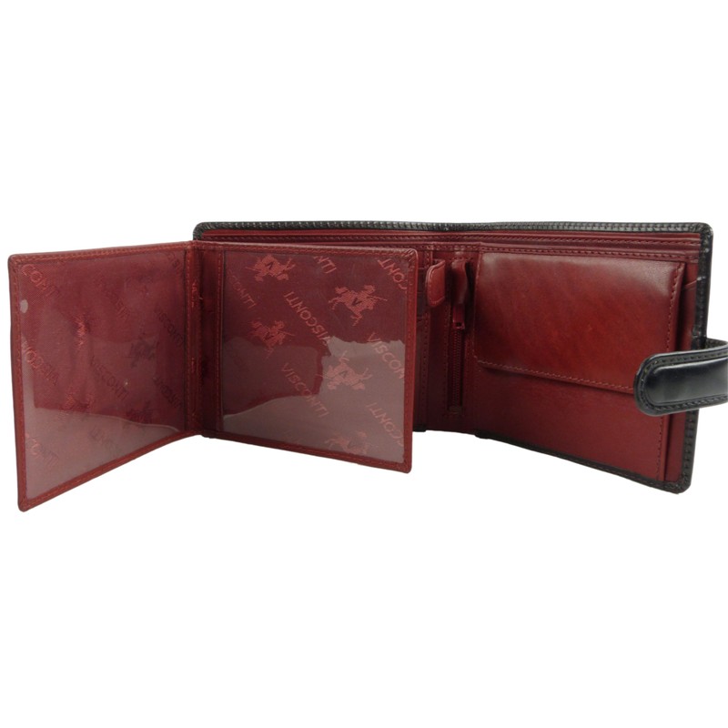 Visconti Leather Mens Tri Fold Wallet Torino Collection Black Red