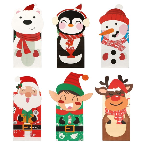 OurWarm 24pcs Christmas Goody Bags Die-Cut Pattern, Small Christmas Paper Treat Bags for Gifts Candies Cookies, Xmas Party Bags with Stickers for Winter Holiday Christmas Party Supplies
