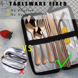 Portable Travel Utensils, Reusable Silverware with Case for Fixing Tableware, 9 Pieces Stainless Steel Stable Flatware Set, Camping Picnic Cutlery Set (Rose Gold Set)