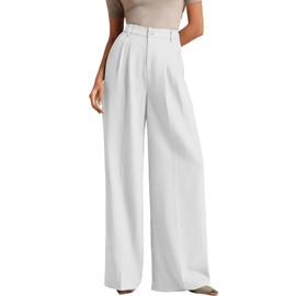 ELLEVEN Work Pants Women Wide Leg Dress Pants Business Casual Palazzo Flowy Trousers Elastic High Waisted Suit Slacks Dressy Office Trousers with Pleats White Small