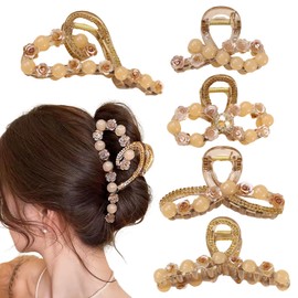 Rannyrena Elegant Large Pearl Crystal Butterfly Claw Clip for Women Thin Thick Curly Hair Cute Leopard Print Bow Strong Hold Hair Accessories (Champagne camellia flower pearl crystal (Pack of 5))