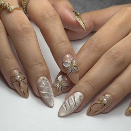 Pink Press on Nail Almond Shape Fake Nails with Bow Floral designs Glitter Acrylic Artificial Nail Full Cover Glitter Stick on Nails Pearl 3d False Nails Finger Manicure for Women Girls Nail Supplies