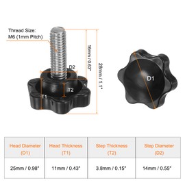 sourcing map 15pcs Star Knobs M6 x 16mm 304 Stainless Steel Threaded Stud 25mm Plastic 6-Star Head Hand Tightening Thumb Screw Clamping Jig Knob Handle, Black