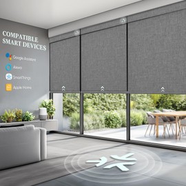 MUSCLEAREA Motorized Blinds with Remote, Hub-Free Smart Blinds Work with Alexa, Automatic Roller Shades for Windows with Matter Motor, Cordless Blackout Blinds, Solar Panel, Rechargeable, Grey, 46*72