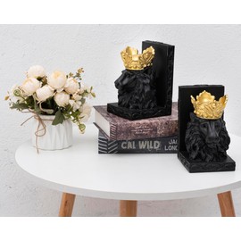 BOIHEGU Lion Statue Bookends, 7 inch Resin Exquisite Lion Statue(Set of 2) Heavy Duty Non-Skid Decorative Bookends, Black Accent Lion Gifts for Men Father Leo Home Office Desk Shelf Decor