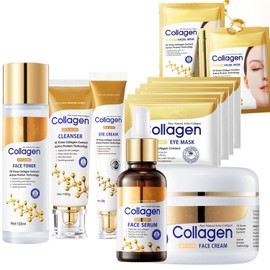 Collagen Face Wash Set for Women 13 Pieces Skincare Facial Cleanser Toner Eye Cream Face Serum Mask Collagen-13 / 여성용 콜라겐 세안 세트 13개 스킨케어 페이셜 클렌저 토너 아이 크림 페이스 세럼 마스크 Collagen-13
