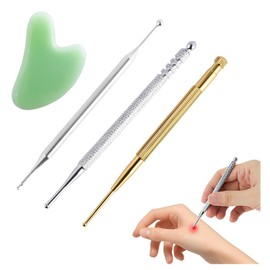 4PCS Facial Reflexology Massage Tool, Stainless Steel Manual Acupuncture Pen Retractable Acupuncture Pen, Double Headed Spring Loaded Ear and Body Point Probe Pen with GuaSha Board