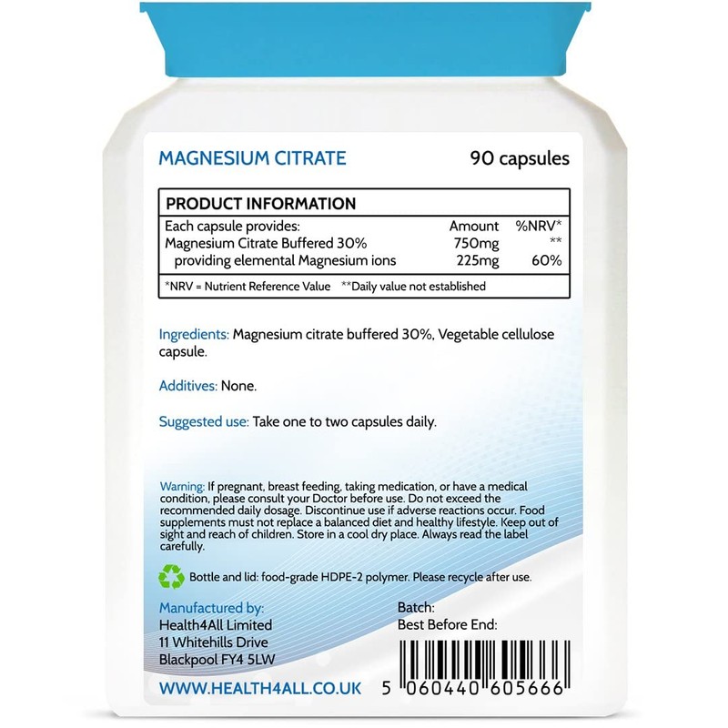 Health4All Magnesium Citrate 750mg 90 Capsules (V) (225mg Elemental Magnesium)