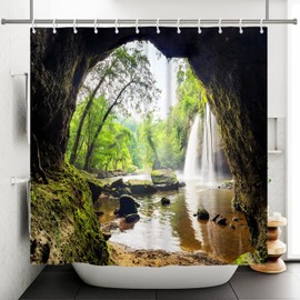 Yeele Waterfall Shower Curtain 60"x72", Tropical Cave Nature Waterfall Trees Mountain Outdoor River Landscape Bathroom Curtain Waterproof Polyester with Hooks for Home Bath Decor Green Brown