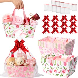 Skyygemm 12 Pcs Mother's Day Basket for Gifts Empty 9.8 x 6.5'' Flower Pattern Gift Basket to Fill Sturdy Basket with Handles, Bows, Plastic Bags and Twist Ties for Mother's Day, Wedding, Anniversary