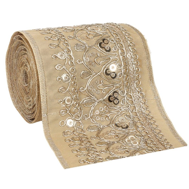CABODYALS 3.46 Inch Gold Jacquard Embroidered Ribbon Polyester Sequin Bead