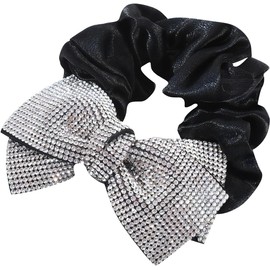 Glitter Rhinestone Bow Hair Scrunchies Knotted Hairpin for Girls Cheer,Dance Recital,Birthday Shirt,Themed Party Festivals (Silver, One size)