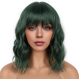 LANCAINI LANCAINI Dark Green Short Bob Wigs with Bangs for Women Loose Wavy Wig Curly Wavy Shoulder Length Bob Synthetic Cosplay Wig for Girl Colorful Costume Wigs