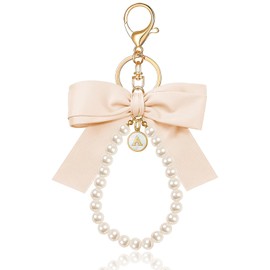XGALBLA White Initial Letter Cute Bow Keychain for Women, Wristlet Simulated Pearl Key Chains Bag Charms for Car Key Handbags Backpacks Coquette Bow Keychain Accessories(Shell Letter A)