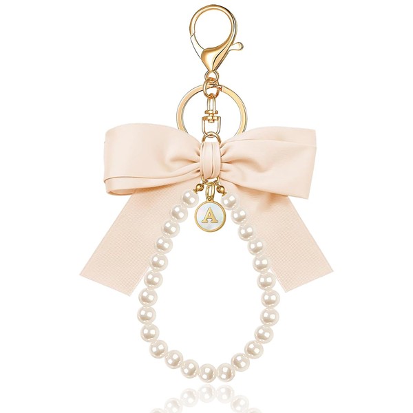 XGALBLA White Initial Letter Cute Bow Keychain for Women, Wristlet