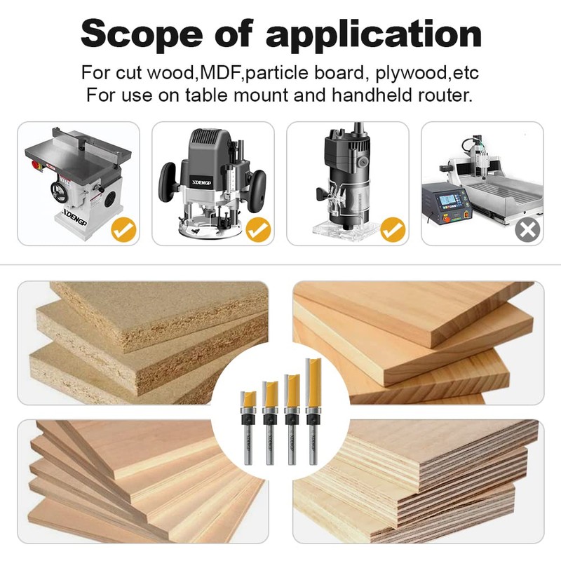 XDENGP 4 PCS Pattern Flush Trim Router Bit Set 1/4