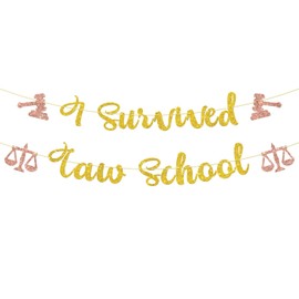 I Survived Law School Banner Gard Decorations 2025, Congrats Lawyer Gold Glittery Class of 2025 Born to Argue Graduation Party Supplies Gold Glitter