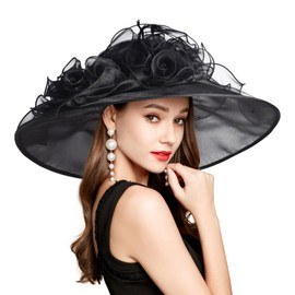 2025 Kentucky Derby Hats for Women Girls Ladies, Organza Church Tea Party Wedding Funeral Fascinator Hat UV Protection Sun Hat Black