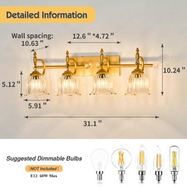 CVKASH 4-Light Bathroom Vanity Light Fixtures Over Mirror,Brushed Gold Modern Vanity Lights with Glass Shade Vintage Wall Sconce for Bedroom Dressing Room Living Room Hallway Cabinet