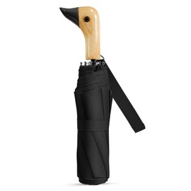 Natuquebrela Duck Folding Umbrella Black - Small Black Collapsible Portable Umbrella Compact with Wooden Duck Head Handle