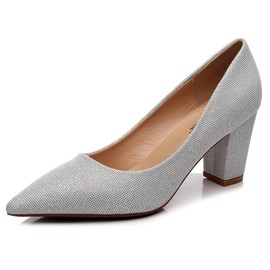 VenusCelia Women's Lewin Pump Chunky Heel Shoe (8 M US,Silver Glitter)