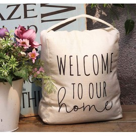 Weighted Fabric Door Stop with Sayings-Welcome to Our Home, Floor Decorative Door Stopper Wall Protector, 7.875 inches (W) x 4.75 inches (D) x 9 inches (H)