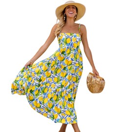 Women’s Resort Maxi Dress, Organic Rayon Tiered Design with Smocked Back, Adjustable Tie Straps, Flowy Lightweight Fit, Ethically Made in Bali, Perfect for Vacations and Summer Events Yellow Multi