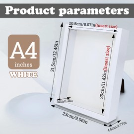 FuninCrea 3D Shadow Box Frame 3 cm Inner Depth Wooden Deep Box Frames for Tabletop and Wall, A4/ 8 Inch Deep Frame Display Box Wall Mount Deep Picture Frame for Flower Memorabilia (White, A4)
