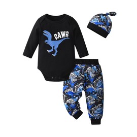 Newborn Baby Boy Outfits Infant Cartoon Dinosaur Print Long Sleeve Romper Pants Hat 3PCS Outfit Set Blue 6-9 Months
