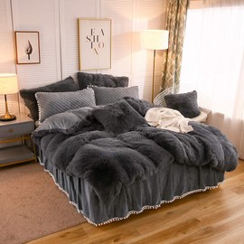 LIFEREVO Luxury Plush Shaggy Duvet Cover Set (1 Faux Fur Duvet Cover + 2 Pompoms Fringe Pillow Shams) Solid, Zipper Closure (Queen, Dark Gray)