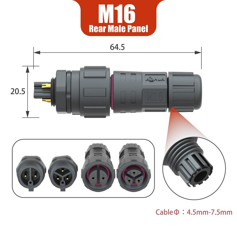 AOHUA IP68 Waterproof Connector (5-Pack), M16 2-Pin Industrial/Aviation Connector, (300V/10A)