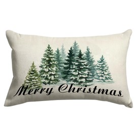 GOOESING Merry Christmas Pillow Covers 16x24 Inch Watercolor Green Christmas Tree Nature Forest Linen Decorative Throw Pillow Cover Cushion Case for Indoor Outdoor Home Sofa Bedroom Living Room